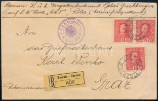 1917 Ajánlott levél "S.M. Boot 66F" hajóposta bélyegzéssel, az ismert haditengerész filatelistától (Oskar Buchberger) Grazba. R!