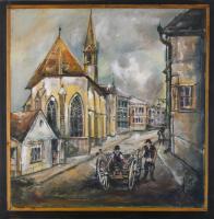 Jálics Gyula (1940-2016): Soproni utcarészlet, 2002. Olaj, vászon, fára kasírozva, jelzett. Fakeretben, 59×59 cm.