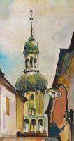 Jálics Gyula (1940-2016): Sopron, Fejtőköz, háttérben a várostoronnyal. Olaj, farost, jelzett. Faker...