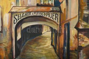 Jálics Gyula (1940-2016): Sopron, Fejtőköz, háttérben a várostoronnyal. Olaj, farost, jelzett. Faker...