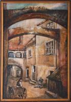 Jálics Gyula (1940-2016): Soproni udvar. Olaj, farost, jelzett. Fakeretben, 70×50 cm.