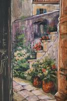 Jálics Gyula (1940-2016): Belső udvar (Opatija, Horvátország). Olaj, farost, jelzett. Fakeretben, 69...