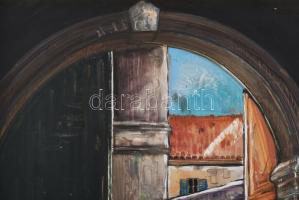 Jálics Gyula (1940-2016): Belső udvar (Opatija, Horvátország). Olaj, farost, jelzett. Fakeretben, 69...