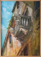Jálics Gyula (1940-2016): Oroszlános erkély (Opatija, Horvátország). Olaj, farost, jelzett. Fakeretben, 68×50 cm.