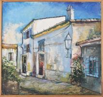 Jálics Gyula (1940-2016): Mediterrán udvar (Opatija, Horvátország). Olaj, farost, jelzett. Fakeretben, 68×50 cm.