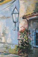 Jálics Gyula (1940-2016): Mediterrán udvar (Opatija, Horvátország). Olaj, farost, jelzett. Fakeretbe...