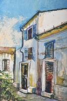 Jálics Gyula (1940-2016): Mediterrán udvar (Opatija, Horvátország). Olaj, farost, jelzett. Fakeretbe...