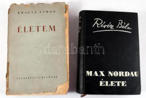 2 könyv:   Révész Béla: Max Nordau élete. [Kispest, 1940,],Szerzői kiadás,(Fragó Imre-ny.), 335 p.+12 t. Fekete-fehér fotókkal illusztrálva. Kiadói egészvászon-kötés, +   Krausz Simon: Életem. Bp.,én.,Cserépfalvi, 356+4 p. Kiadói, sérült papírkötés