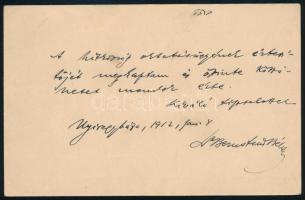 1912 Nyíregyháza, Bernstein Béla (Várpalota, 1868 - Auschwitz, 1944) rabbi, bibliafordító, előbb a szombathelyi, majd a nyíregyházi zsidó hitközség főrabbija saját kezűleg megírt, aláírt levelezőlapja, az izraelita hitközség tanfelügyelőségének címezve