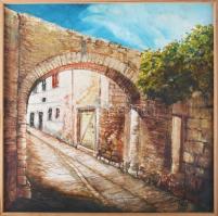 Jálics Gyula (1940-2016): Moscenice (Isztria, Horvátország). Olaj, farost, jelzett. Fakeretben, 68×68 cm.