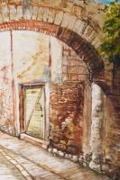 Jálics Gyula (1940-2016): Moscenice (Isztria, Horvátország). Olaj, farost, jelzett. Fakeretben, 68×6...