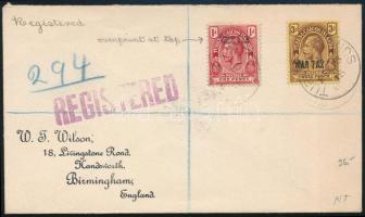 Turks és Caicos-szigetek 1918 Ajánlott levél 2 db bélyeggel, az egyiken a felülnyomás eltolódott, Angliába küldve