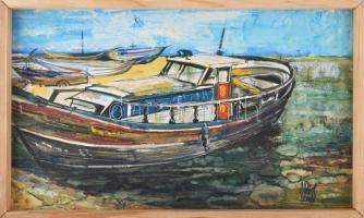 Jálics Gyula (1940-2016): Halászbárka (Opatija kikötője, Horvátország). Olaj, rétegelt falemez, jelzett. Fakeretben, 27×46 cm.