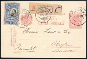 Románia 1907 Ajánlott díjjegyes levelezőlap jubileumi bélyegkiegészítéssel Svájcba "CRAIOVA"