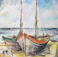 Jálics Gyula (1940-2016): Vitorlások a parton (Opatija, Horvátország), 2000. Akvarell, papír, jelzet...