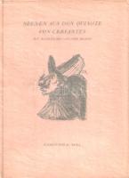Cervantes, Miguel de - Reiner, Imre (ill.):  Szenen aus Don Quixote von Miguel de Cervantes. Mit einundzwanzig Holzstichen von Imre Reiner und einem Nachwort von Hermann Kienzle. Basel, (1941). Holbein-Verlag (Gebrüder Fretz Ag., Zürich). 48 + [4] p. Egyetlen kiadás. Reiner Imre (1900-1987) magyar származású svájci betűmetsző, tipográfus, grafikusművész és illusztrátor. Számos klasszikus irodalmi mű jelent meg illusztrációival, Cervantes-regénykivonatunk esetén a művész 21 rajzával. Kolofon: ?Dieses Buch wurde auf echtem Büttenpapier von Gebr. Fretz AG. In Zürich im Dezember 1941 gedruckt?. Illusztrált kiadói kartonkötésben, kiadói védőfóliában. Jó példány.