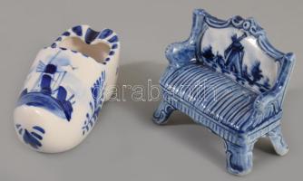 Delft 2 darab tárgy, közte ritka kanapé miniatúra, jelzett, hibátlan, h: 7-10 cm