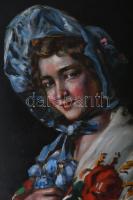 Olvashatatlan jelzéssel (Ivanácz Zsolt József?): Fiatal hölgy. Olaj, falemez. Dekoratív fakeretben. ...