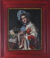 Olvashatatlan jelzéssel (Ivanácz Zsolt József?): Fiatal hölgy. Olaj, falemez. Dekoratív fakeretben. ...