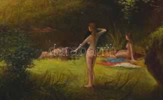 Négyesi Péter (XX. sz.): Fürdőző női aktok. Olaj, vászon. Jelezve balra lent. Dekoratív, kissé sérül...