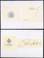 Aláírás gyűjtemény: Wekerle Sándor pénzügyminiszter, Darányi Kálmán földmívelésügyi miniszter, Vass József (1877-1930) munkaügyi miniszter, báró taktaharkányi Harkányi János (1859-1938) kereskedelemügyi miniszter autográf aláírások fejléces levélpapír kivágásokkal, kartonon.