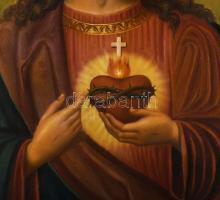 Jelzés nélkül, feltehetően XIX. sz. festő: Jézus szíve. Olaj, fémlemez. Dekoratív fakeretben. 64,5x4...