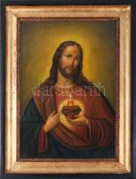 Jelzés nélkül, feltehetően XIX. sz. festő: Jézus szíve. Olaj, fémlemez. Dekoratív fakeretben. 64,5x4...