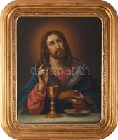 Jelzés nélkül, feltehetően XIX. sz. festő: Jézus. Olaj, vászon. Restaurált, dublírozott. Dekoratív, antik fakeretben. 53x42,5 cm.