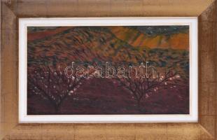 Olvashatatlan jelzéssel: Virágzó fák. Olaj, falemez. Dekoratív keretben. 22x39,5 cm.