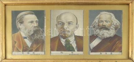 Marx, Engels és Lenin portréi, 3 részes kínai selyemkép, üvegezett keretben, a keret kopott, teljes méret: 19,5x36,5 cm