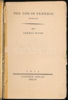 Mann, Thomas: Der Tod in Venedig. Novelle. Berlin, 1913, S. Fischer, 145+[3] p. Német nyelven. Átkötött félbőr-kötésben, kissé viseltes állapotban, kopottas borítóval, sérült, ragasztott gerinccel.