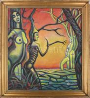 Dóra István (1932-): Szürreális alakok. Olaj, farost. Jelzett. Hátoldalán két női akt. Dekoratív, sérült fakeretben. 65x60 cm.