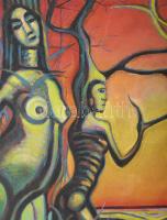 Dóra István (1932-): Szürreális alakok. Olaj, farost. Jelzett. Hátoldalán két női akt. Dekoratív, sé...