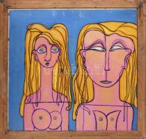 Dóra István (1932-): Szürreális alakok. Olaj, farost. Jelzett. Hátoldalán két női akt. Dekoratív, sé...