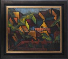 Stefán H jelzéssel: Házak a domboldalban. Olaj, vászon. Javított. Apró felületi sérülésekkel. Dekoratív fakeretben. 50x60 cm.