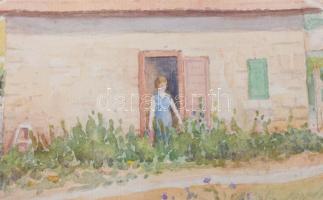 Olvashatatlan jelzéssel: Budaörsi részlet, 1969. Akvarell, papír. Üvegezett, kissé kopott fakeretben...