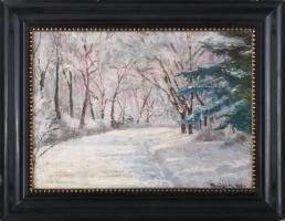 Thuróczy M jelzéssel: Behavazott erdő. Olaj, karton. Dekoratív, kissé sérült fakeretben. 22x30 cm.