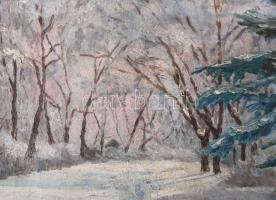 Thuróczy M jelzéssel: Behavazott erdő. Olaj, karton. Dekoratív, kissé sérült fakeretben. 22x30 cm