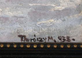 Thuróczy M jelzéssel: Behavazott erdő. Olaj, karton. Dekoratív, kissé sérült fakeretben. 22x30 cm