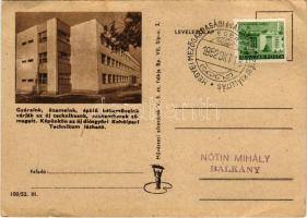 1952 Diósgyőr (Miskolc), Kohóipari Technikum, szocialista propaganda lap. Művészeti Alkotások + "Megyei Mezőgazdasági és Állattenyésztési Kiállítás Eger" So. Stpl. (szakadás / tear)