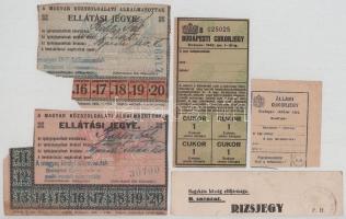 1922. "A Magyar Közszolgálati Alkalmazottak" ellátási jegye (2xklf) + 1945. Budapesti cukorjegy + DN Állami cukorjegy + Rizsjegy T:F
