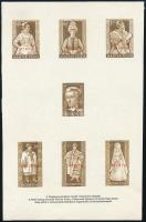 ca 1953 Népviseletek 3-3 értéke és Petőfi 60f az eredeti nyomóeszközökkel készült nyomdai mintán, a kiadottól eltérő színekben, a Pénzjegynyomda gumi és vízjel nélküli papírján