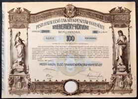 1906. Budapest "Pesti Hazai Első Takarékpénztár-Egyesület" nyereménykötvénye 100K-ról, szárazpecséttel, nyereményszelvénnyel T:F