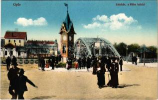 Győr, Színház a Rába híddal, időjárásjelző torony. Vasúti levelezőlapárusítás 21. sz. - 1915. (fl)