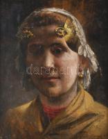 Eugene Bertrand (1858-1934), belga festő/belgian painter: Fiatal lány, 1896. Olaj, fatábla. Jelzett. Dekoratív, sérült fakeretben, 27×22 cm