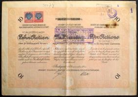 1923. Budapest "Urikány-Zsilvölgyi Magyar Kőszénbánya-Részvénytársaság" 10 részvénye 5000K-ról szelvényekkel, szárazpecséttel, felülbélyegzésekkel T:VG