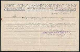 1925 Bp., Kézdi-Kovács Lászlónak szóló elismervény bizományi árusításra átvett könyvekről, Légrády nyomdától