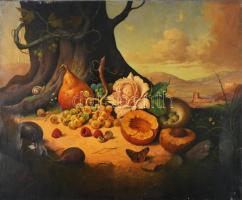 G Lance jelzéssel (George Lance?), XIX. sz. festő: Csendélet tájban. Olaj, vászon. Sérült. 47×57,5 cm