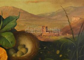 G Lance jelzéssel (George Lance?), XIX. sz. festő: Csendélet tájban. Olaj, vászon. Sérült. 47×57,5 c...