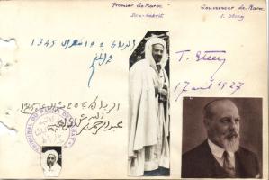 1927 Théodore Steeg francia politikus, belügyminiszter, Marokkó kormányzója és Ben-Gabrit marokkói szultán saját kézzel írt üdvözlő sorai és eredeti fotója / Original photo and autograph of Théodore Steeg French politican, minister of interior, governor of Morocco and Ben-Gabrit sultan of Morocco on paper 18x13 cm